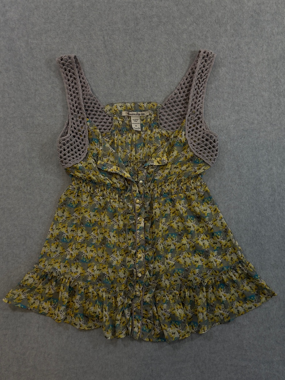 American Rag Sheer Floral Button Front Top & Crochet Straps